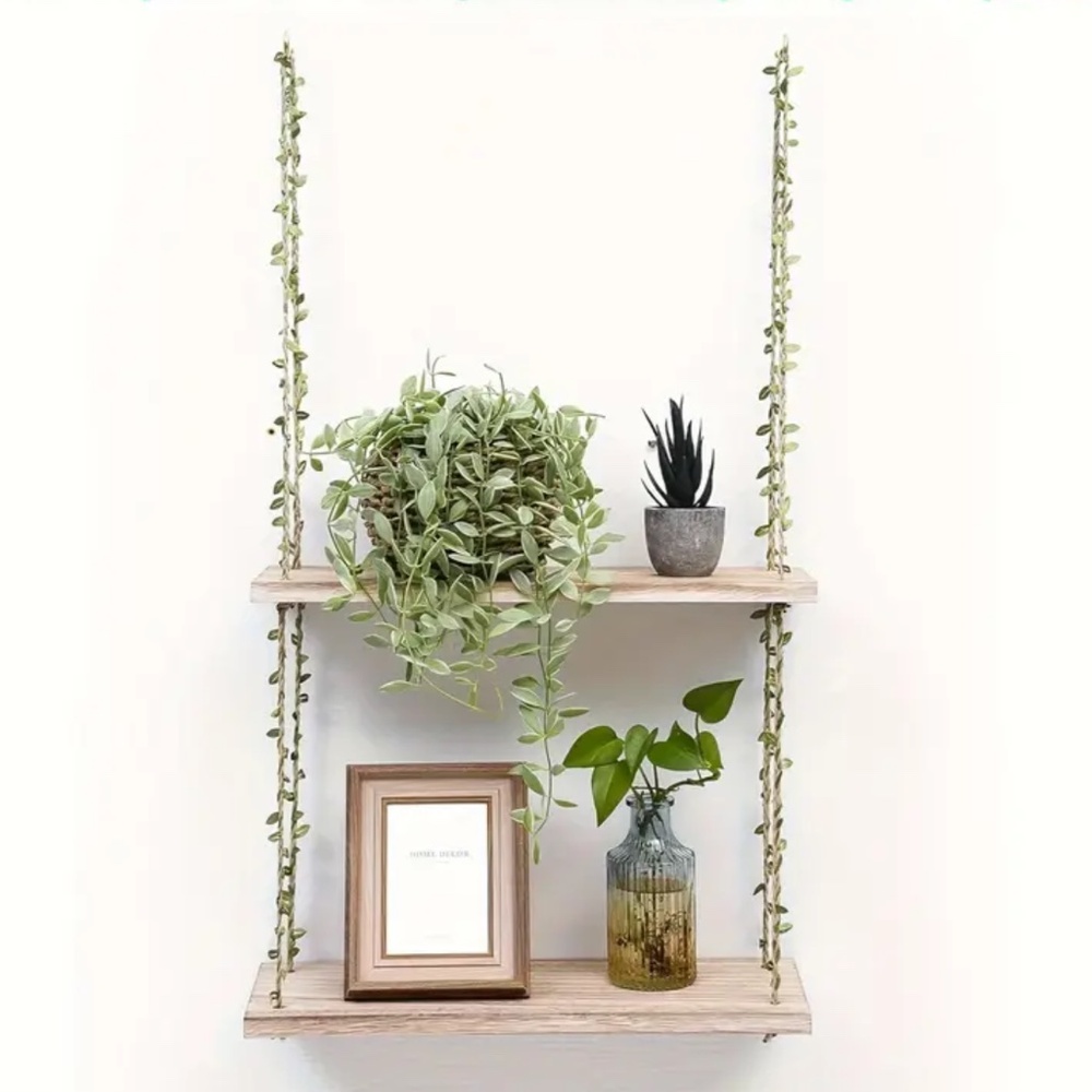 NEW! Two Tier Macramé Wall Decor Shelf with Faux Ivy Crawlers! - Picture 3 of 6